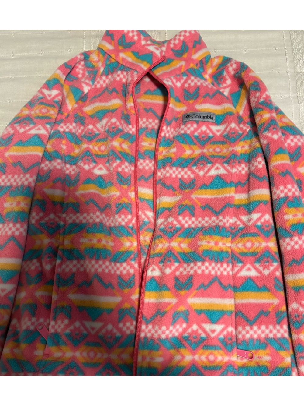 Columbia Pink Teal Yellow Patterned Fleece Jacket